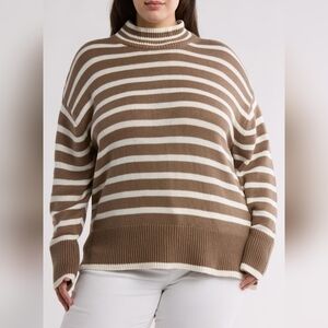Lucky Brand Womens Striped Oversized Mock Neck Sweater BROWN WHITE